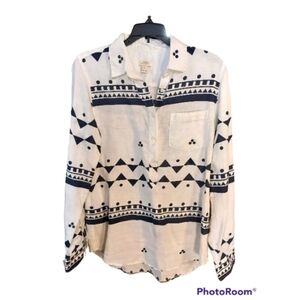 J.Crew Small Aztec print long Sleeve pullover Top 100% Linen white and navy.